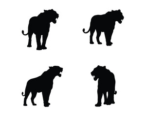 Four distinct black silhouette illustrations of a powerful lion in various dynamic poses against a clean white background