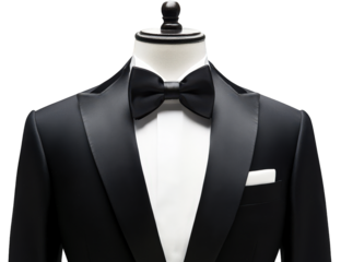 Black tuxedo jacket with satin lapels and black bowtie isolated on transparent background