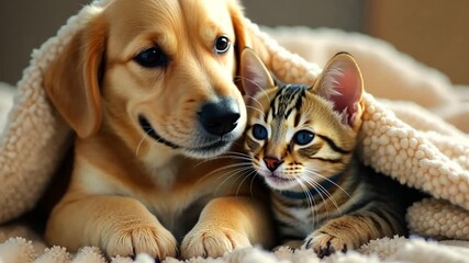 An adorable puppy and a sweet tabby kitten sleeping peacefully together, snuggled up warmly under a cozy, soft sherpa blanket in a display of friendship. - Powered by Adobe