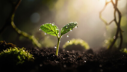 An inspiring tiny seedling in fertile black earth. This image has an irresistible appeal for sustainability and eco brands.