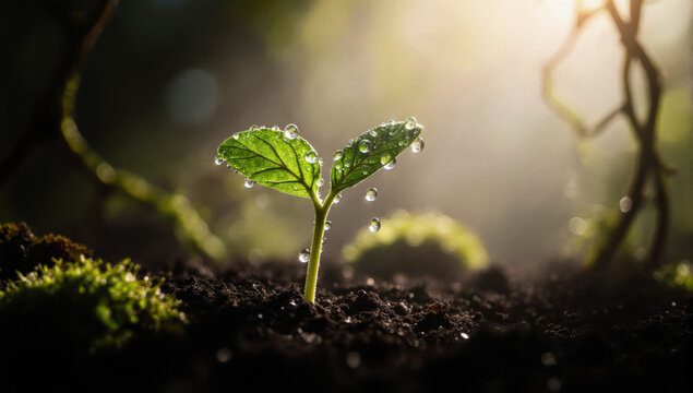 An inspiring tiny seedling in fertile black earth. This image has an irresistible appeal for sustainability and eco brands.