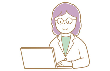 パソコンの画面を見る紫髪で白衣の女性のイラスト