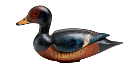 A solitary, peaceful duck decoy, wooden, with painted details, isolated on Transparent background,