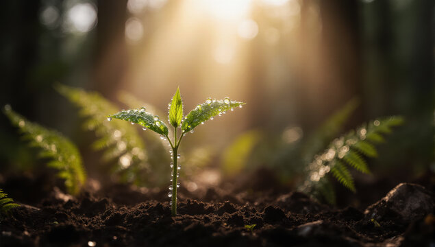 Golden sunlight on a young green sapling. The blurred expansive background creates an immersive appeal for buyers.