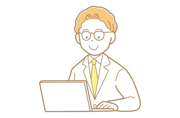 パソコンを見る金髪で白衣の男性のイラスト