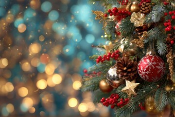 Obraz premium Christmas Tree Ornaments and Festive Lights Bokeh Background