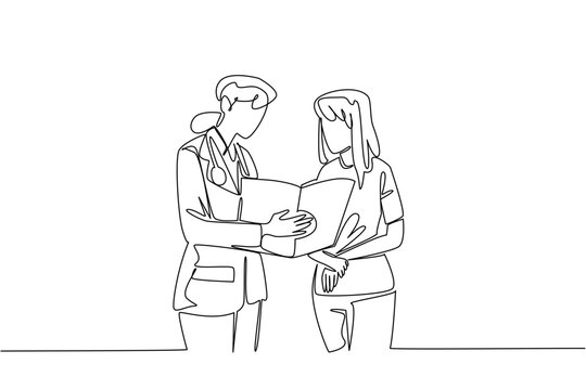 Single continuous line drawing doctor wearing stethoscope showing medical record to female patient. Explaining about health. Exam. National Checkup of Women Day. One line design vector illustration