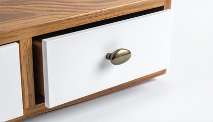 Macro drawer label frame isolated on white clean studio hardware packshot with copy space for furniture catalog storage branding and product listing