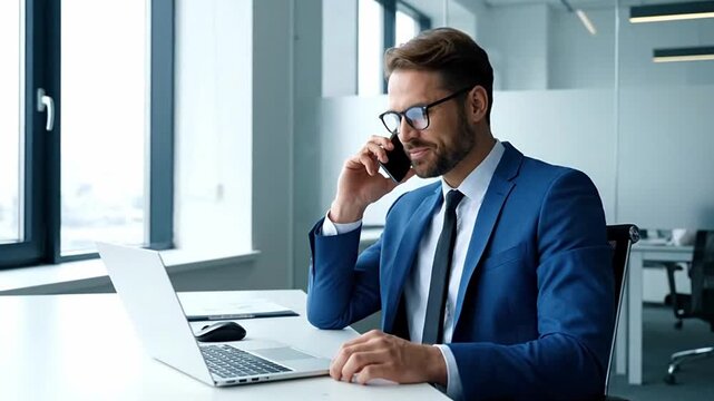 Mature financial specialist, investor entrepreneur man talking on cellphone telephone looking at laptop pc. Smiling male ceo businessman having call with business consultant using computer in office