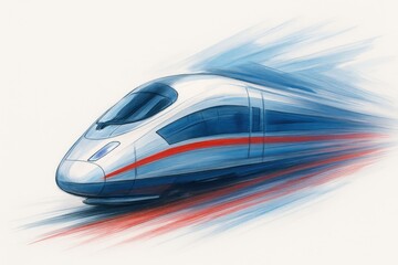 Fototapeta premium High-speed train illustration in motion, sleek white design with blue and red streaks, futuristic travel concept.