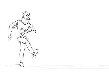 Single continuous line drawing a man wearing a tshirt wearing a chicken head mask poses dancing. Sway to the beat. Happiness. Hobby. Dance Like a Chicken Day. One line design vector illustration