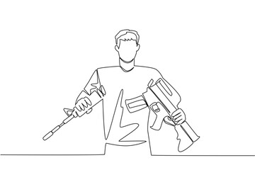 Continuous one line drawing a man in casual clothes holds and breaks a rifle with both hands. Momentum of peace. International Conscientious Objectors Day. Single line draw design vector illustration