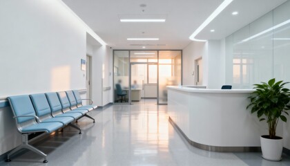 Fototapeta premium Modern Hospital Waiting Room with Empty Blue Seats and a Reception Desk Offering a Clean Environment