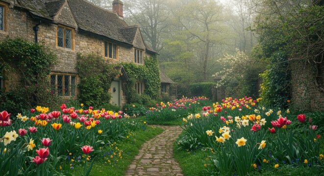 Misty morning cottage garden path with tulips and daffodils