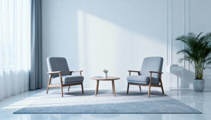 Fototapeta premium Minimalist Interior Design: Two Armchairs, Round Table, and Potted Plant in a Bright, Modern Living Room