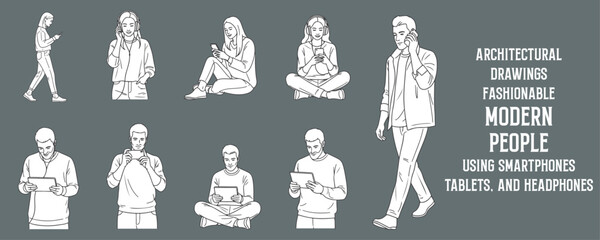 Architectural Drawings fashionable modern people using smartphones, tablets, and headphones vector illustration,  front view, human person Minimal style hand drawn. Sections, Elevations, Floor Plans
