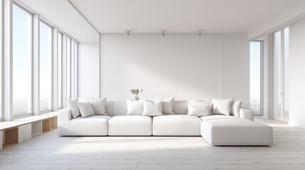 Fototapeta premium Bright Modern Living Room with White Sofa, Large Windows, and Minimalist Design for Home Interior