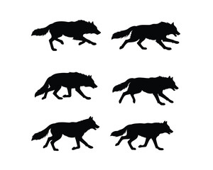 Obraz premium Collection of six dynamic black wolf silhouettes in various running poses on a clean white background