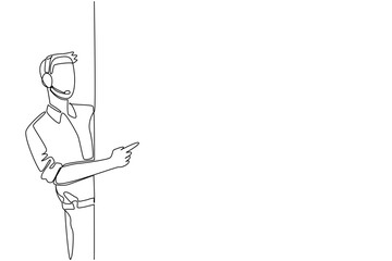 Continuous one line drawing male customer support wearing headphones with mic appears from behind the wall. Busy day. International Customer Support Day. Single line draw design vector illustration