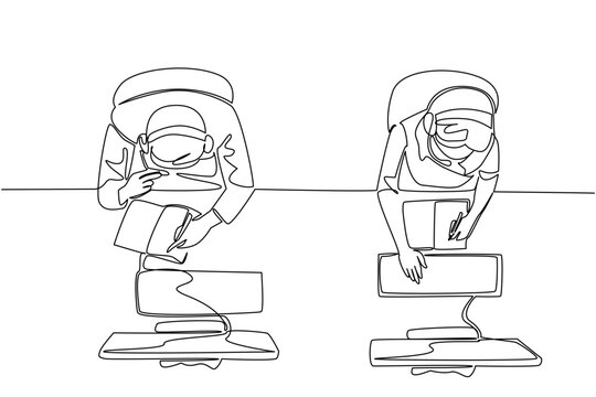 Single continuous line drawing male and female customer support person wearing headphones while taking notes. Manual recording. International Customer Support Day. One line design vector illustration