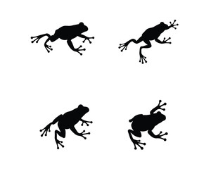 Four silhouettes of frogs in various dynamic poses against a white background illustrating movement and agility