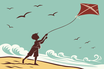 Boy flying kite on beach with seagulls.