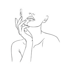 Abstract faceless woman portrait, minimalist line art. Elegant female silhouette with hand on face, beauty and skincare concept vector illustration.
