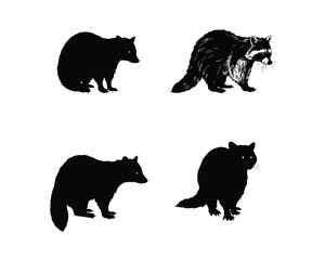 Four distinct black silhouette illustrations of raccoons in various poses against a white background
