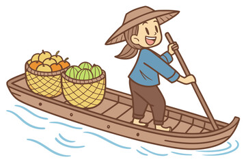 Cartoon Woman Rowing Boat with Fruit Baskets.