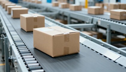 Cardboard Boxes Moving on Automated Conveyor Belt System in Distribution Warehouse for Shipping and Logistics