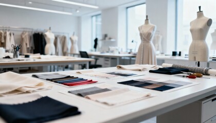 Fashion Designer Workspace: Fabric Swatches and Mannequins in a Bright, Modern Studio for Creative Apparel Design