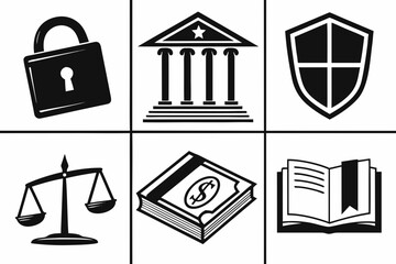 Collection of Icons Representing Law Security and Finance.