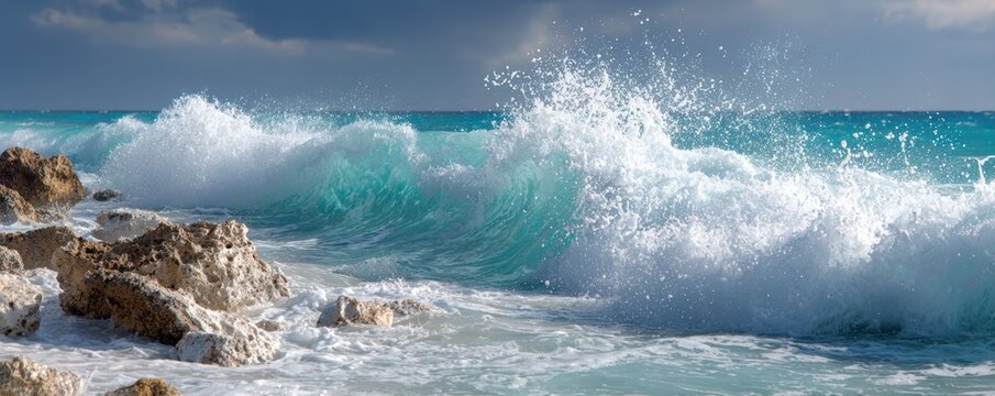 Powerful turquoise waves crashing on a rocky shore