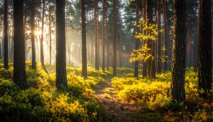 Fototapeta premium Sunlight streams through a misty pine forest, illuminating a path carpeted with golden undergrowth.