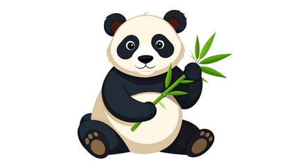 A cheerful panda cub sits happily, holding a luscious bamboo shoot, against a bright white backdrop.