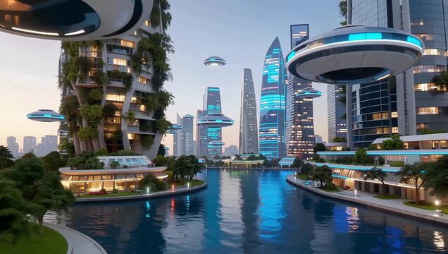 Digital concept art of a utopian future city with advanced flying vehicles and sustainable green architecture