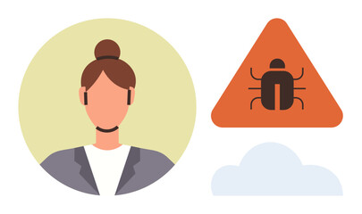 Woman with headset next to an orange warning sign highlighting a bug and a subtle cloud icon. Ideal for technology, cybersecurity, troubleshooting, IT support, software issues, error prevention