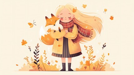 Obraz premium A girl in an autumn setting, holding a fox with falling leaves around her