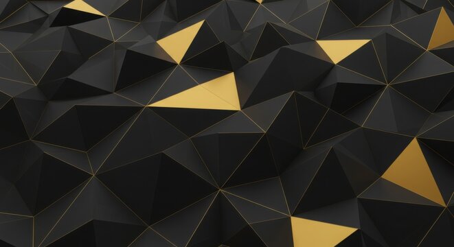 Abstract triangular grid pattern in matte black and gold, sharp and clean lines