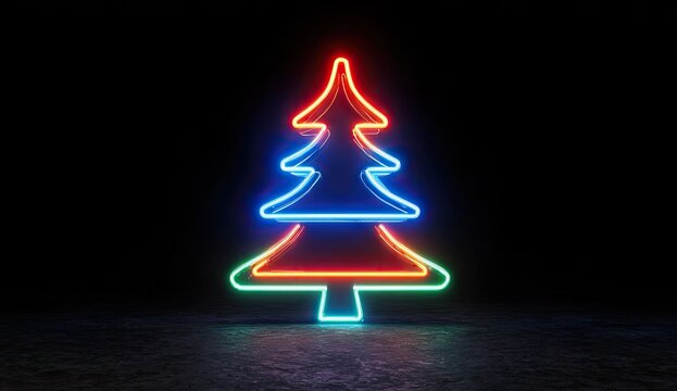 Modern Neon Christmas Tree Silhouette Glowing Brightly on Dark Background.