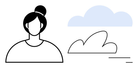 Simplistic female avatar outline with a tied-up hairstyle beside abstract clouds and lines. Ideal for profile creation, identity, nature concepts, minimalism, environmental themes, creativity, simple