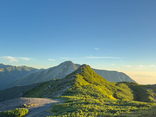 朝日に輝く蝶槍のピークと常念岳の稜線