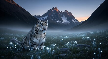 A majestic snow leopard sits serenely in a misty mountain meadow, illuminated by the soft glow of bioluminescent flowers at dusk.