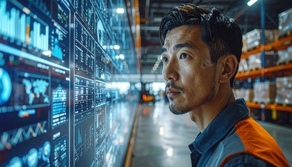 Realistic wide-angle photo of warehouse manager facing digital dashboard wall, sharp eyes reflecting data screens, forklifts and racks blurred in background