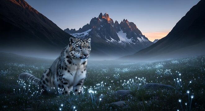 A majestic snow leopard sits serenely in a misty mountain meadow, illuminated by the soft glow of bioluminescent flowers at dusk.