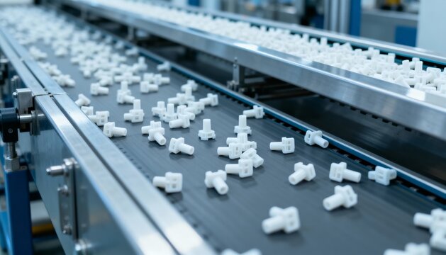 Automated Manufacturing: Plastic Parts on Conveyor Belt in a Modern Industrial Factory, Representing Production Efficiency
