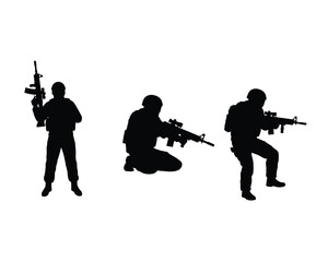 Obraz premium Silhouette of three soldiers in tactical gear holding assault rifles in different combat stances against a white background