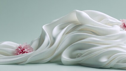 Elegant flowing white silk fabric with delicate pink flowers serene composition.