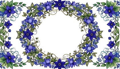 Two ornate floral wreaths in shades of deep blue and periwinkle, intricately detailed with leaves and scrolling vines, form a decorative border on a white background.
