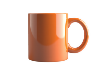 A plain orange ceramic mug with a handle, isolated on transparent background
